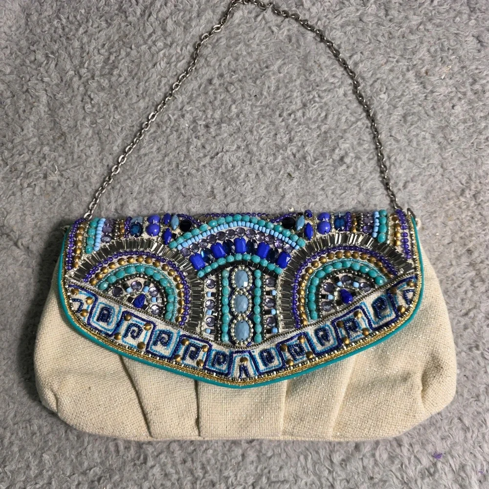 Chico's Clutch Bag‎ Beige Blue Beaded Turquoise Green Coastal Bohemian Purse
